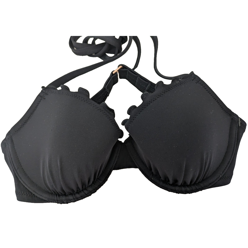 Womens Strappy Tie Back Bikini Top Black 32B Underwire Ruffles
